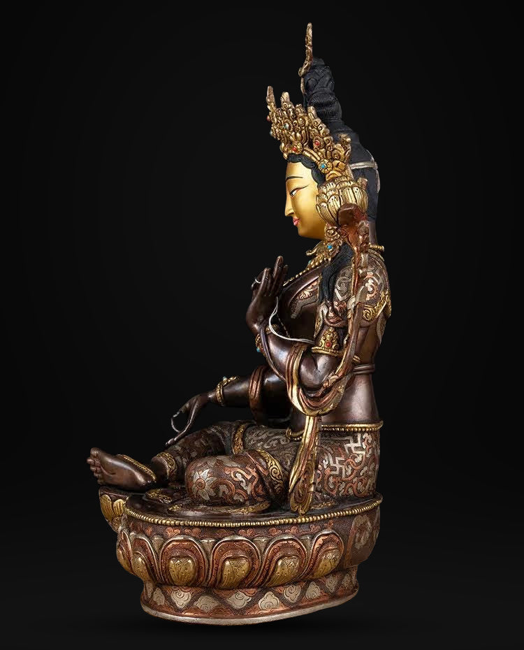 14 Inch Green Tara Statue, Nepalese Handmade Copper Gilt Silver Tara, Tibetan Buddhist Goddess, Feng Shui Altar Decor, Healing Mother Buddha