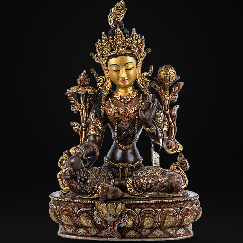 14 Inch Green Tara Statue, Nepalese Handmade Copper Gilt Silver Tara, Tibetan Buddhist Goddess, Feng Shui Altar Decor, Healing Mother Buddha