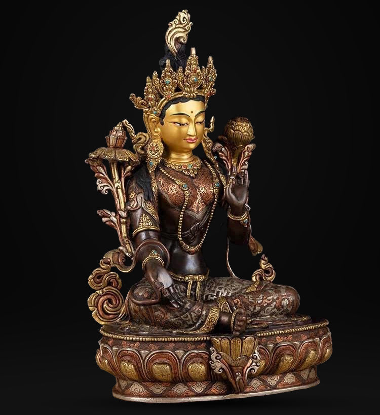 14 Inch Green Tara Statue, Nepalese Handmade Copper Gilt Silver Tara, Tibetan Buddhist Goddess, Feng Shui Altar Decor, Healing Mother Buddha