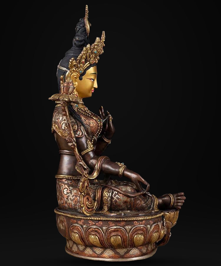 14 Inch Green Tara Statue, Nepalese Handmade Copper Gilt Silver Tara, Tibetan Buddhist Goddess, Feng Shui Altar Decor, Healing Mother Buddha