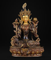 14 Inch Green Tara Statue, Nepalese Handmade Copper Gilt Silver Tara, Tibetan Buddhist Goddess, Feng Shui Altar Decor, Healing Mother Buddha