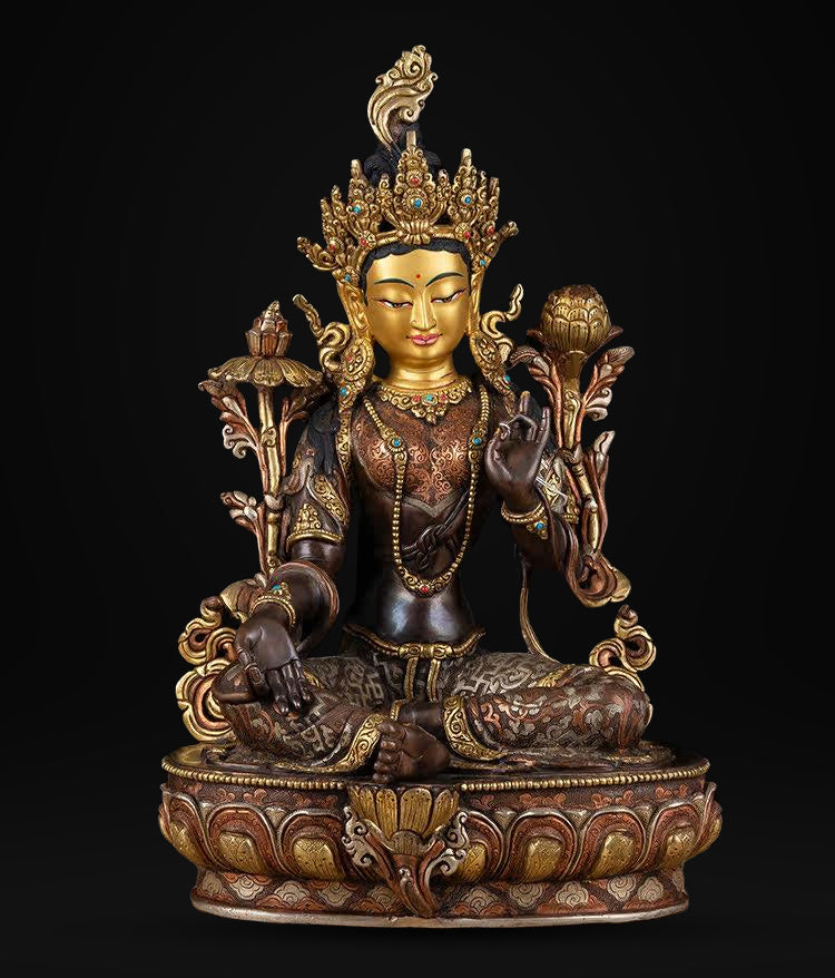 14 Inch Green Tara Statue, Nepalese Handmade Copper Gilt Silver Tara, Tibetan Buddhist Goddess, Feng Shui Altar Decor, Healing Mother Buddha