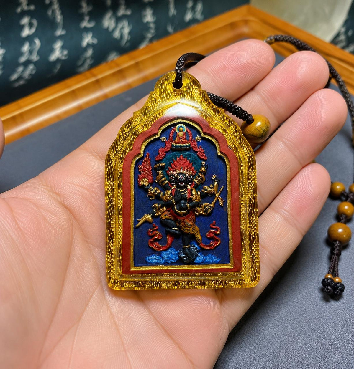 Handpainted Ucchusma Vajra Tsa Tsa Pendant, Mineral Pigment Miniature Thangka, Tibetan Gau Box Necklace, Sacred Buddhist Protection Talisman