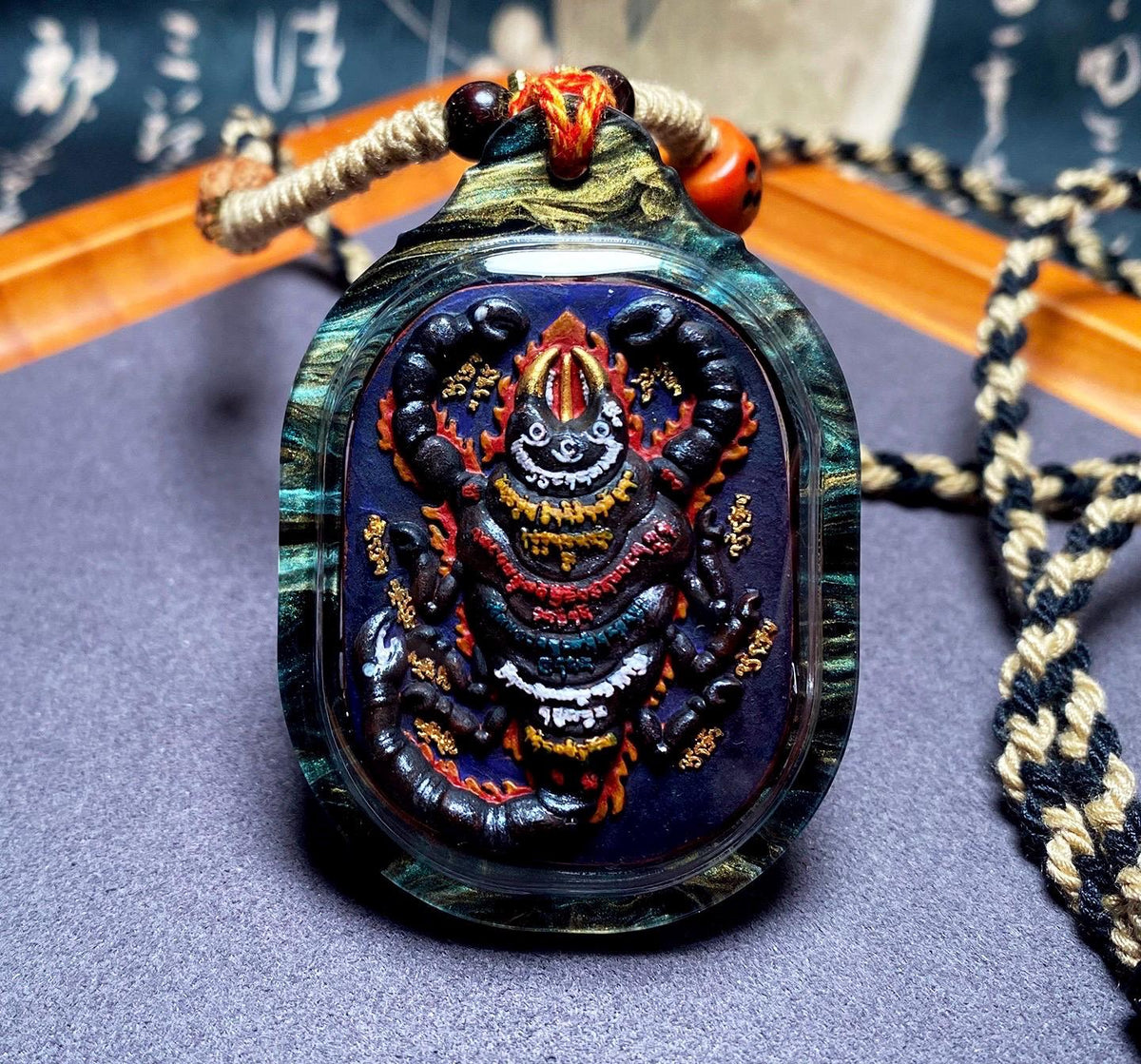 Handpainted Guru Rinpoche Scorpion Tsa Tsa Pendant, Mineral Pigment Miniature Thangka, Tibetan Sacred Clay Amulet, Buddhist Protection