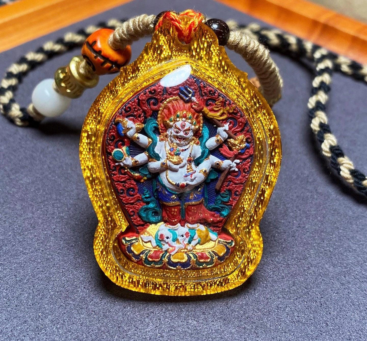 Handpainted White Mahakala Tsa Tsa, Six-Armed Avalokiteshvara Amulet, Tibetan Medicine Clay Pendant, Buddhist Wealth Protector Jewelry