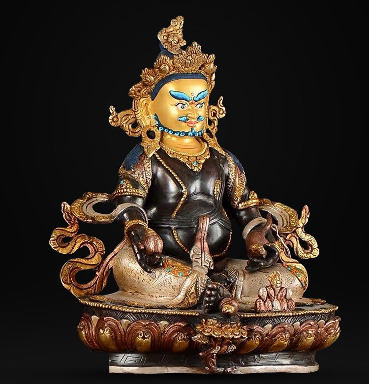 Nepalese Yellow Jambhala Statue, Copper Gold Silver Plated Wealth God Statue, Handmade Tibetan Buddhist Shrine Altar Home Decor