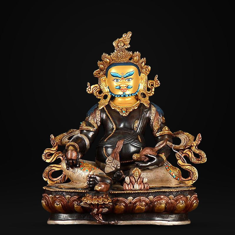 Nepalese Yellow Jambhala Statue, Copper Gold Silver Plated Wealth God Statue, Handmade Tibetan Buddhist Shrine Altar Home Decor