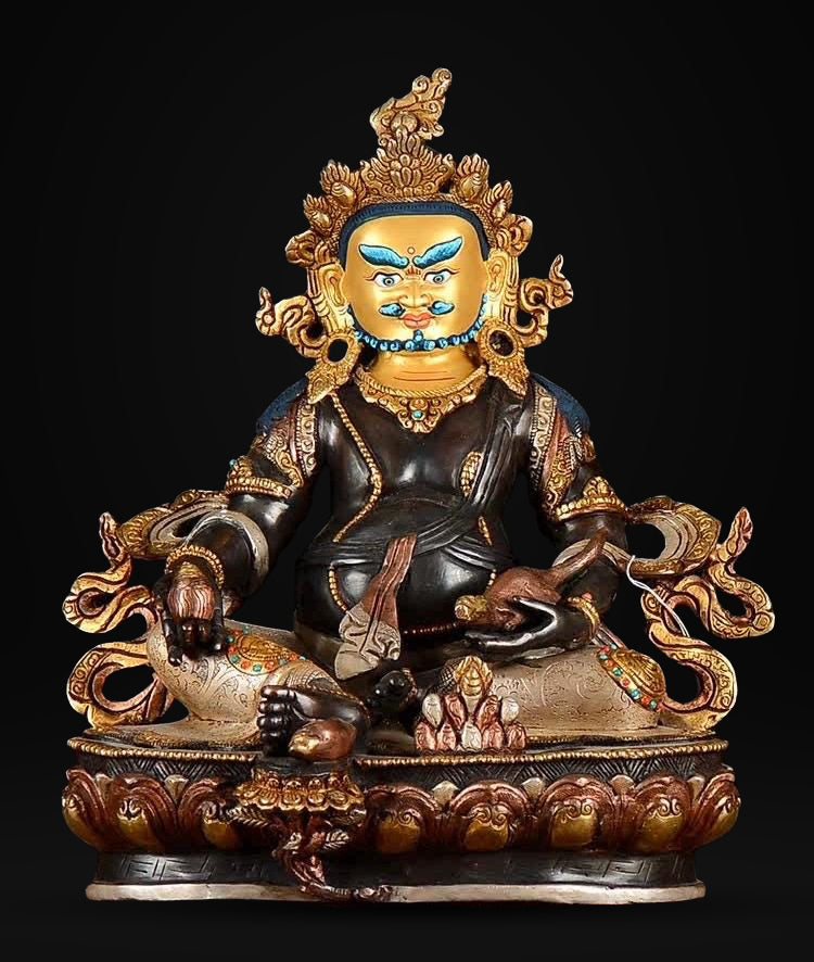 Nepalese Yellow Jambhala Statue, Copper Gold Silver Plated Wealth God Statue, Handmade Tibetan Buddhist Shrine Altar Home Decor