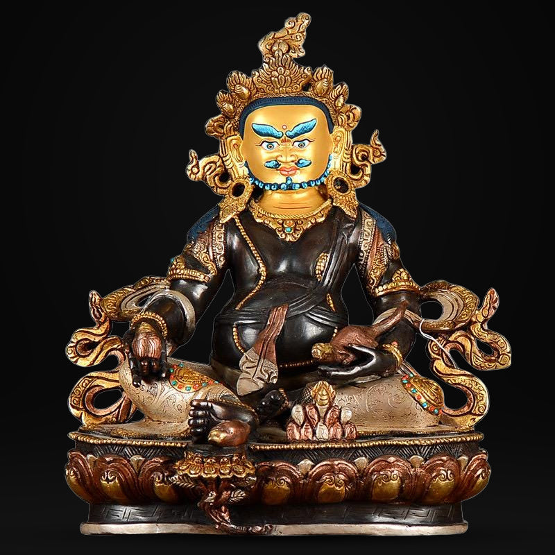Nepalese Yellow Jambhala Statue, Copper Gold Silver Plated Wealth God Statue, Handmade Tibetan Buddhist Shrine Altar Home Decor