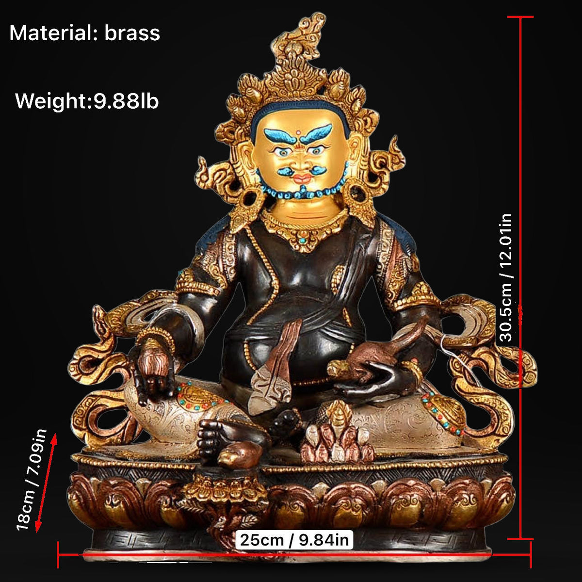 Nepalese Yellow Jambhala Statue, Copper Gold Silver Plated Wealth God Statue, Handmade Tibetan Buddhist Shrine Altar Home Decor