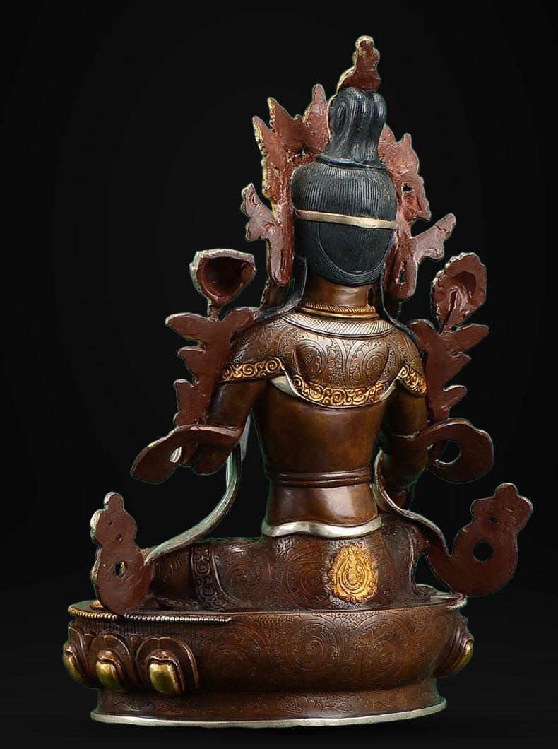 Nepalese Green Tara Statue, Copper Gold Silver Plated Buddhist Goddess Statue, Handmade Tibetan Shrine Altar Home Desktop Decor