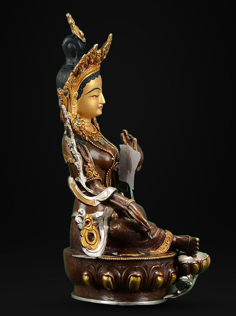 Nepalese Green Tara Statue, Copper Gold Silver Plated Buddhist Goddess Statue, Handmade Tibetan Shrine Altar Home Desktop Decor