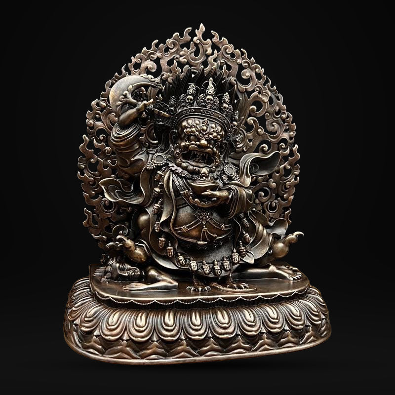 Nepalese Copper Two Armed Mahakala Statue, Handcrafted Karma Kagyu Protector Shrine Figurine, Sacred Tibetan Buddhist Altar Decor Gift