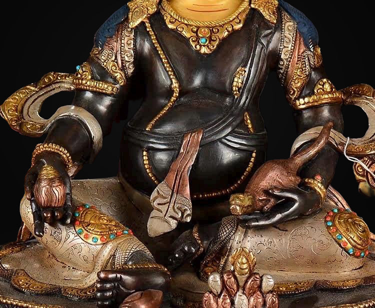 Nepalese Yellow Jambhala Statue, Copper Gold Silver Plated Wealth God Statue, Handmade Tibetan Buddhist Shrine Altar Home Decor