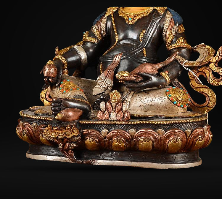 Nepalese Yellow Jambhala Statue, Copper Gold Silver Plated Wealth God Statue, Handmade Tibetan Buddhist Shrine Altar Home Decor
