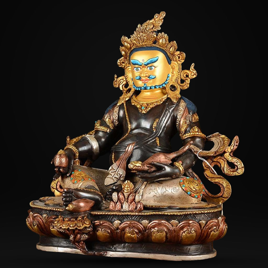 Nepalese Yellow Jambhala Statue, Copper Gold Silver Plated Wealth God Statue, Handmade Tibetan Buddhist Shrine Altar Home Decor