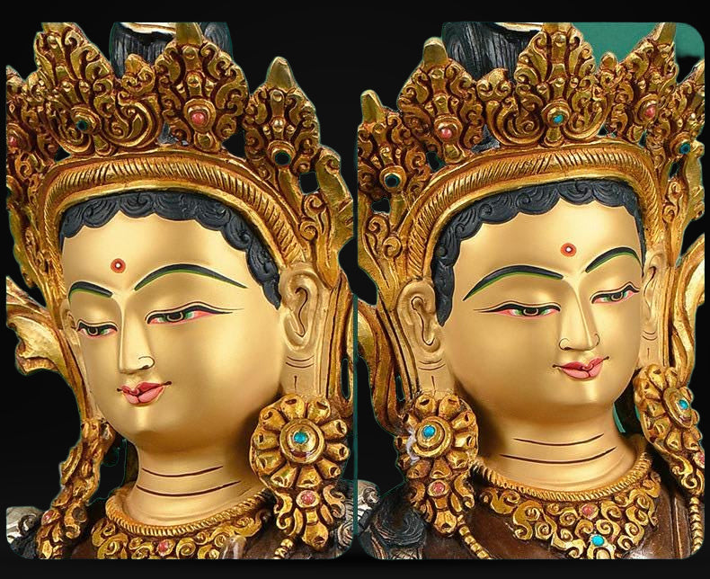 Nepalese Green Tara Statue, Copper Gold Silver Plated Buddhist Goddess Statue, Handmade Tibetan Shrine Altar Home Desktop Decor