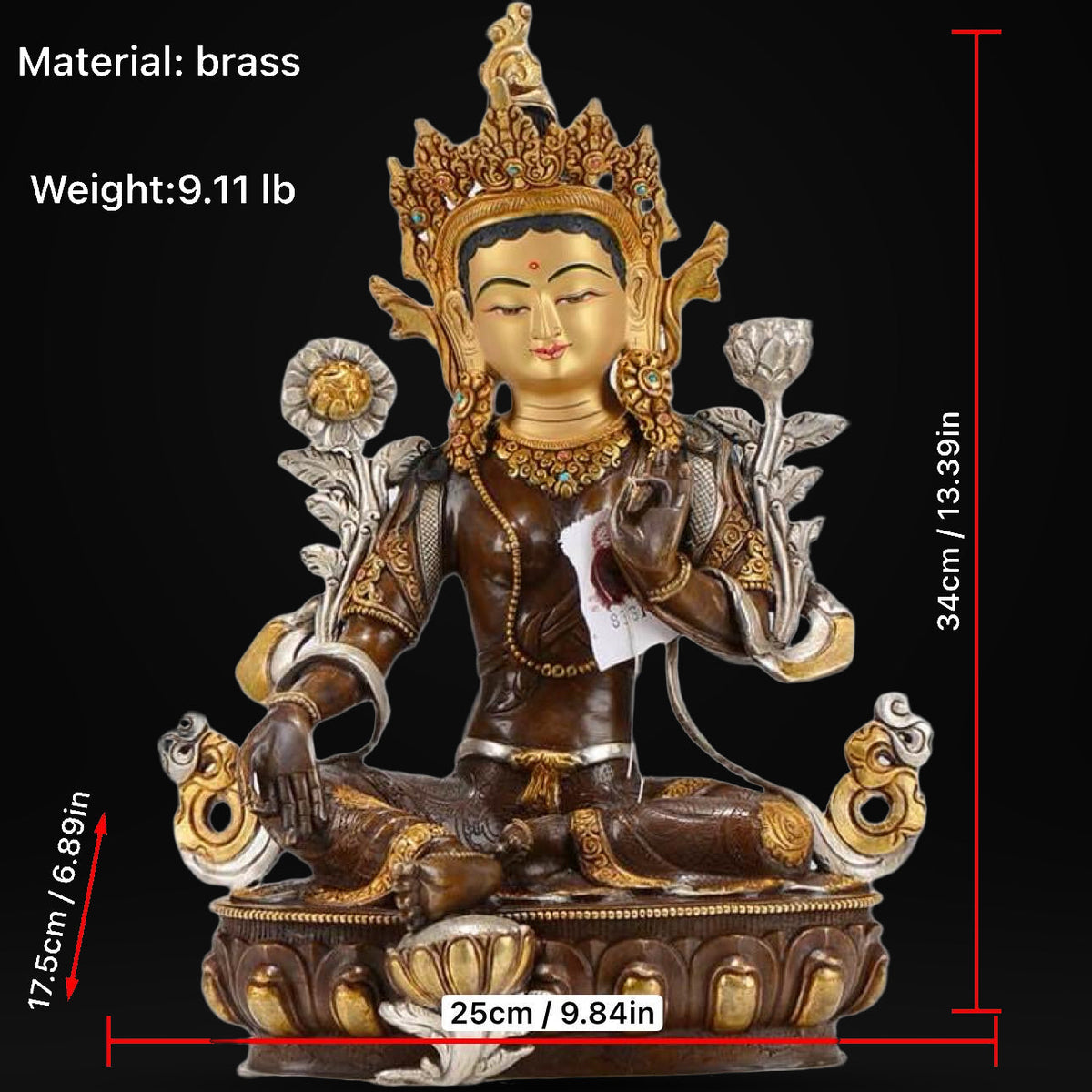 Nepalese Green Tara Statue, Copper Gold Silver Plated Buddhist Goddess Statue, Handmade Tibetan Shrine Altar Home Desktop Decor