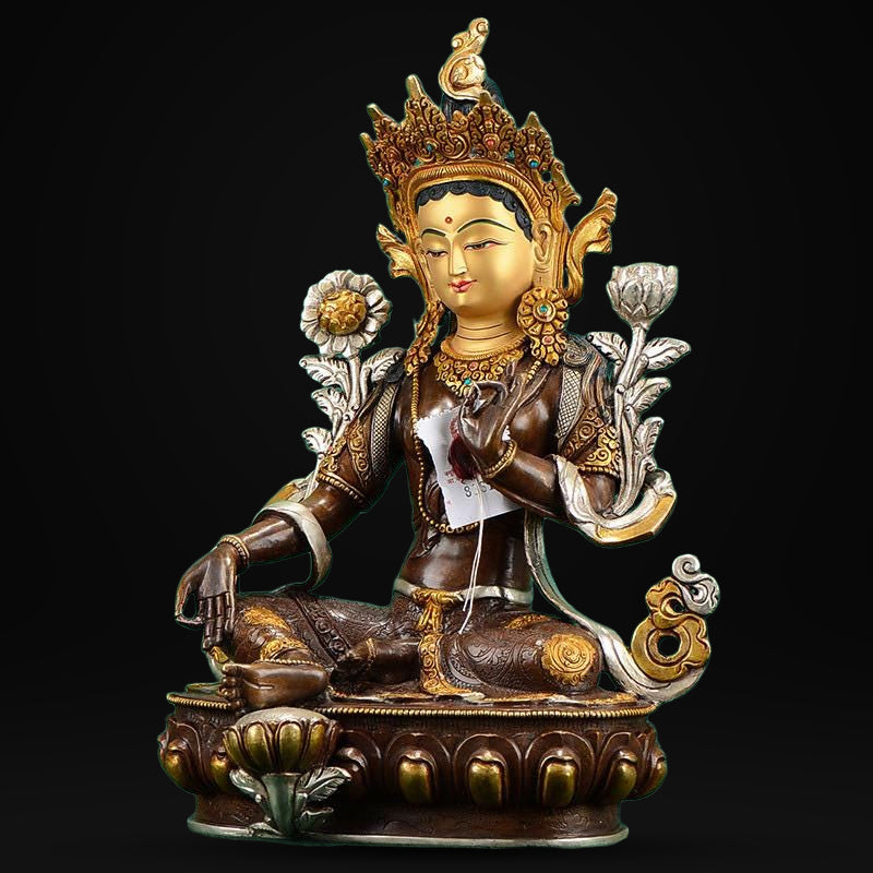 Nepalese Green Tara Statue, Copper Gold Silver Plated Buddhist Goddess Statue, Handmade Tibetan Shrine Altar Home Desktop Decor