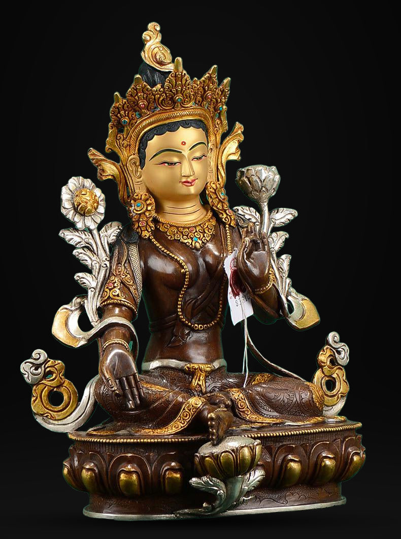 Nepalese Green Tara Statue, Copper Gold Silver Plated Buddhist Goddess Statue, Handmade Tibetan Shrine Altar Home Desktop Decor