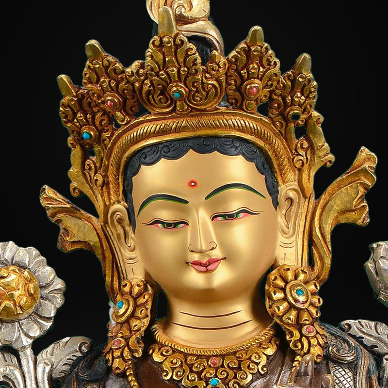 Nepalese Green Tara Statue, Copper Gold Silver Plated Buddhist Goddess Statue, Handmade Tibetan Shrine Altar Home Desktop Decor