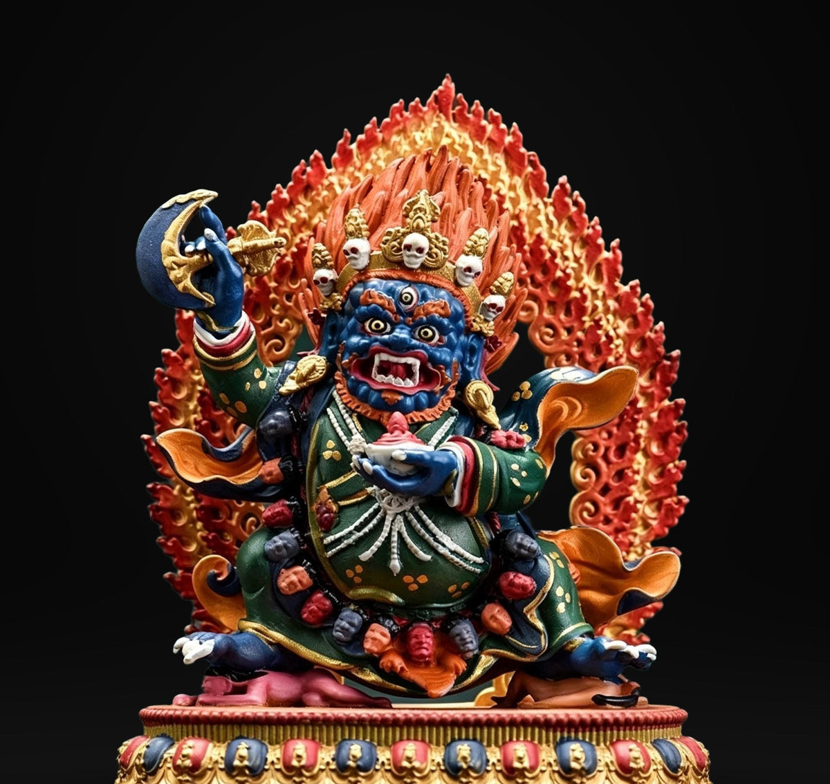 Painted Solid Copper Kagyu Mahakala Statue 11cm, Handcrafted Tibetan Buddhist Guardian Deity, Portable Vajrayana Altar Decor Gift