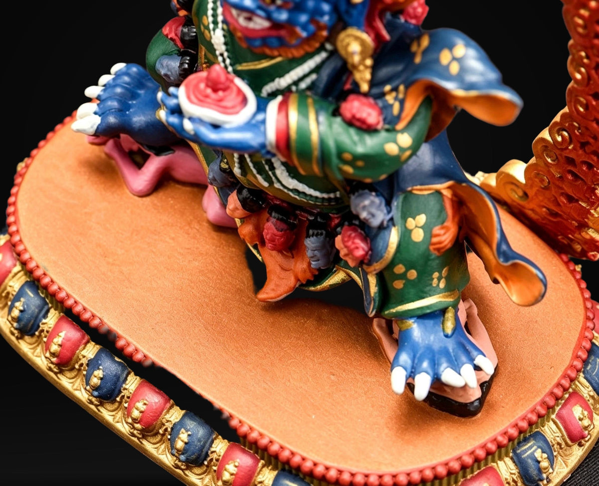 Painted Solid Copper Kagyu Mahakala Statue 11cm, Handcrafted Tibetan Buddhist Guardian Deity, Portable Vajrayana Altar Decor Gift