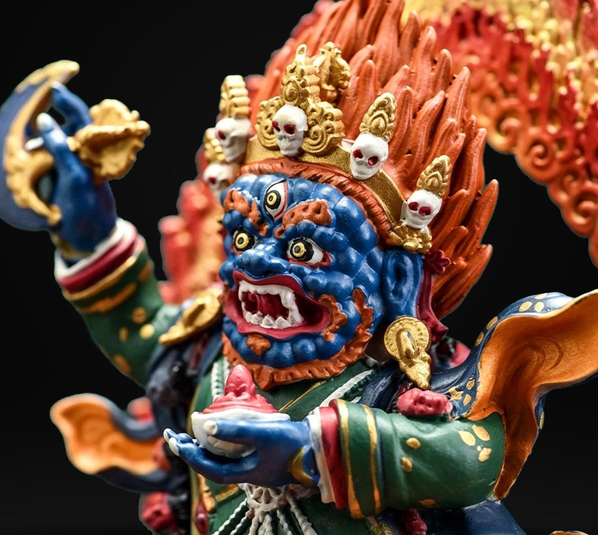 Painted Solid Copper Kagyu Mahakala Statue 11cm, Handcrafted Tibetan Buddhist Guardian Deity, Portable Vajrayana Altar Decor Gift