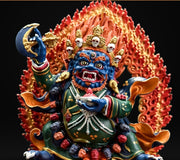 Painted Solid Copper Kagyu Mahakala Statue 11cm, Handcrafted Tibetan Buddhist Guardian Deity, Portable Vajrayana Altar Decor Gift