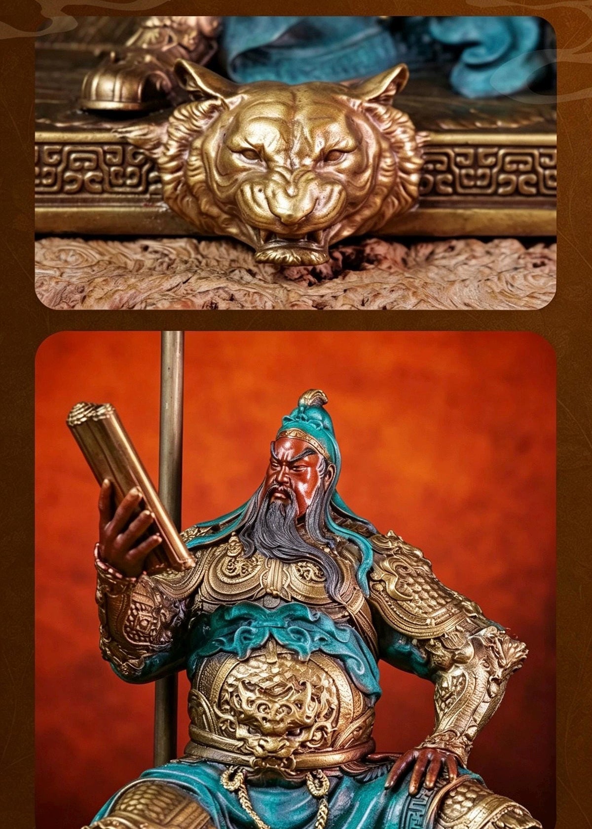 Brass Guan Yu Statue Reading Spring and Autumn Annals, Chinese Wealth God Guan Gong Figurine, Feng Shui Desk Decor Business Gift