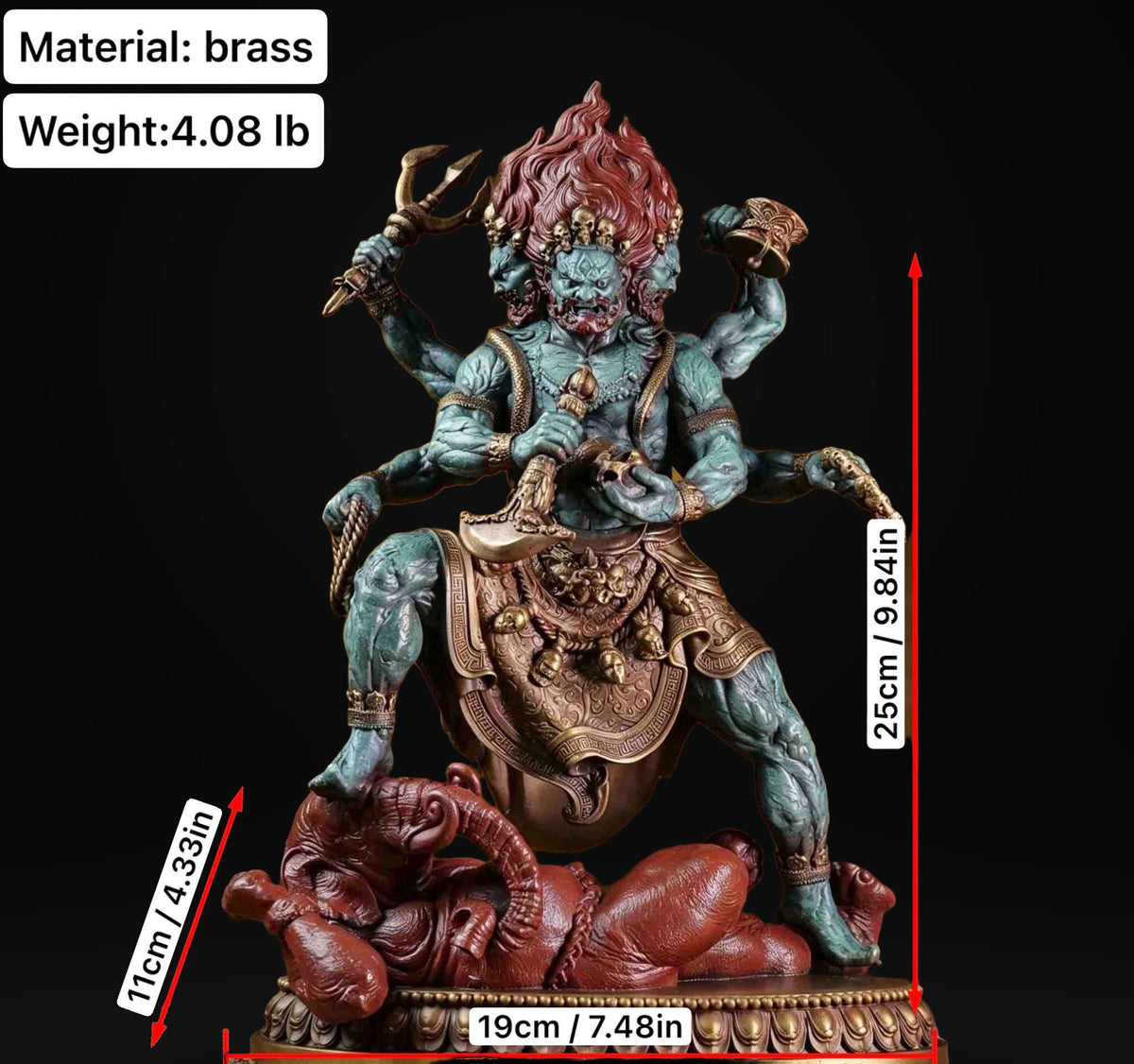 Brass Six Armed Mahakala Statue 25cm, Handcrafted Tibetan Buddhist Three Headed Wrathful Deity, Vajrayana Altar Decor Gift