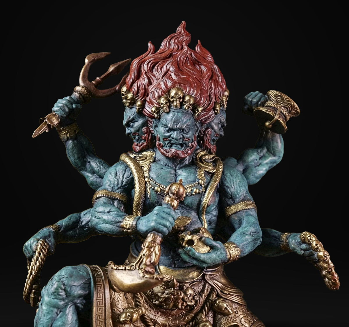 Brass Six Armed Mahakala Statue 25cm, Handcrafted Tibetan Buddhist Three Headed Wrathful Deity, Vajrayana Altar Decor Gift