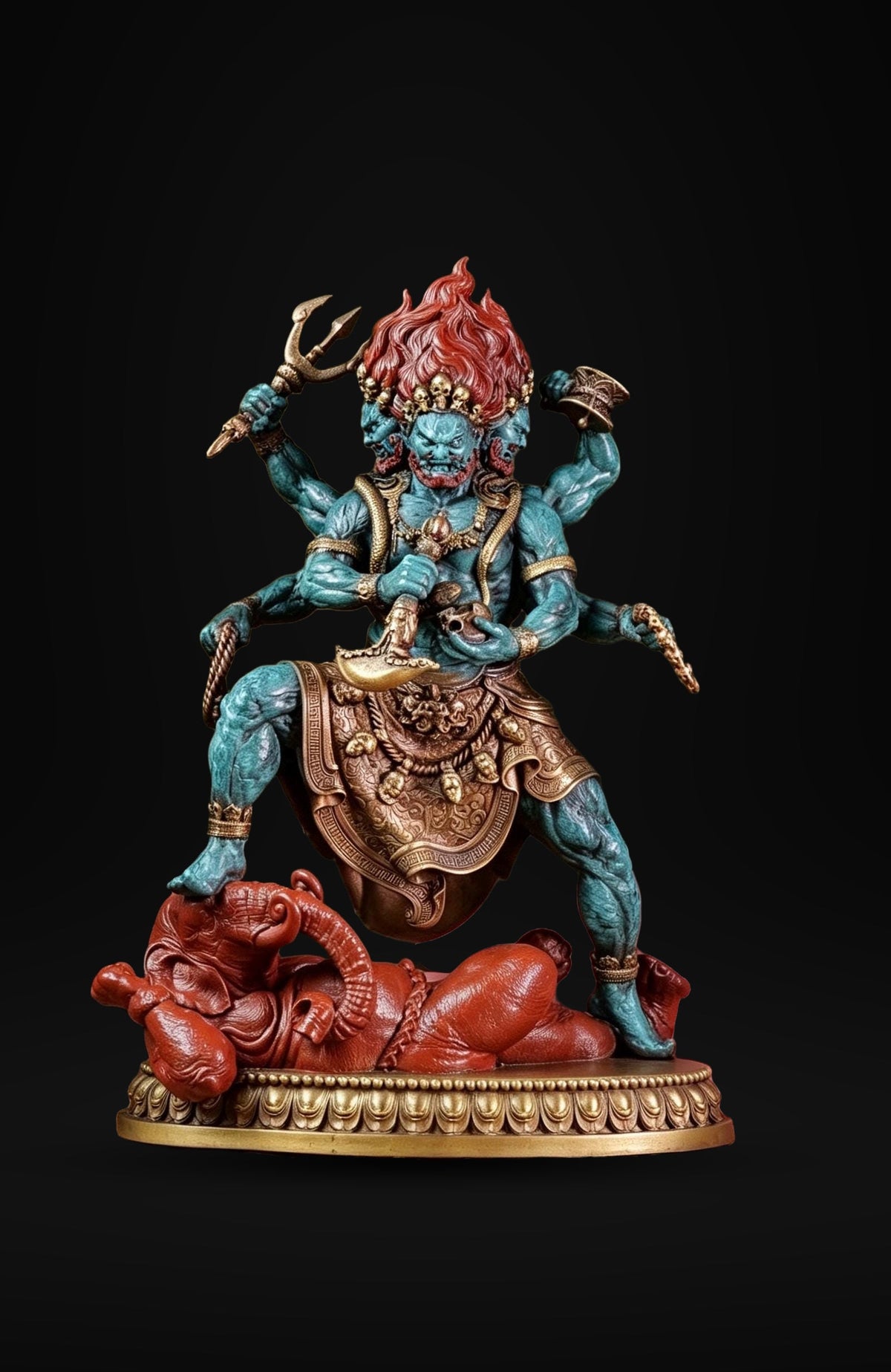 Brass Six Armed Mahakala Statue 25cm, Handcrafted Tibetan Buddhist Three Headed Wrathful Deity, Vajrayana Altar Decor Gift