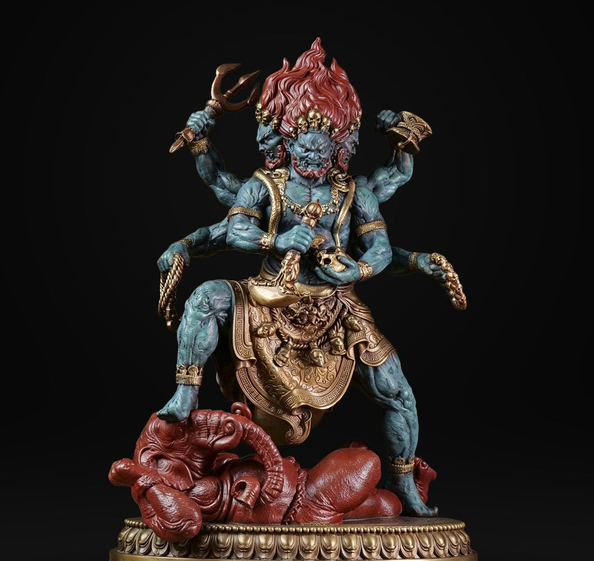 Brass Six Armed Mahakala Statue 25cm, Handcrafted Tibetan Buddhist Three Headed Wrathful Deity, Vajrayana Altar Decor Gift