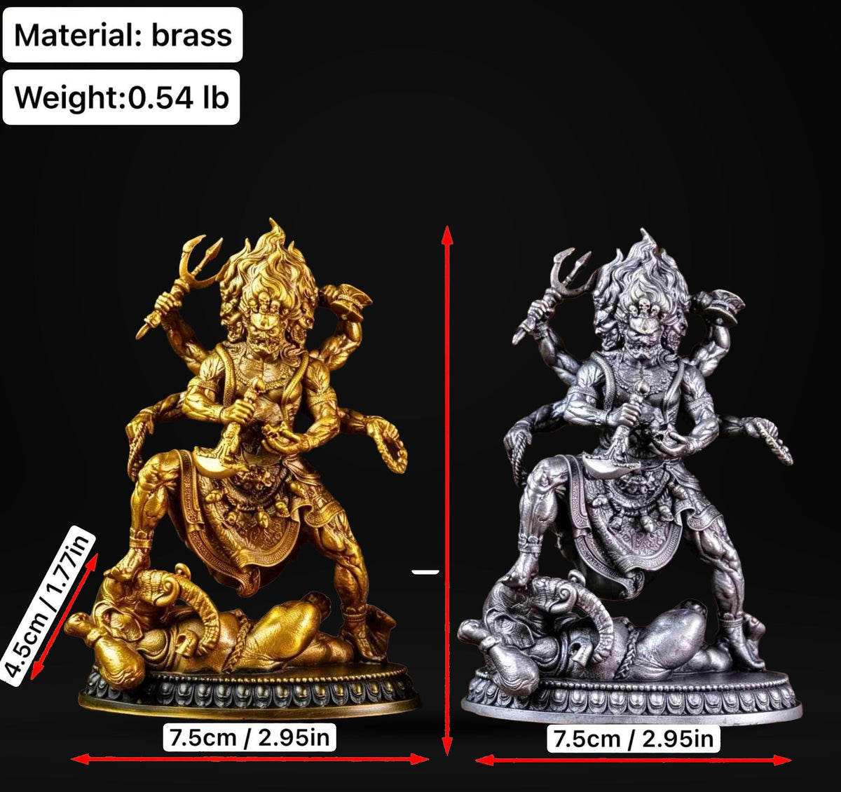 Brass Six Armed Mahakala Statue 10cm, Mini Tibetan Buddhist Three Headed Wrathful Deity, Portable Vajrayana Shrine Decor Gift