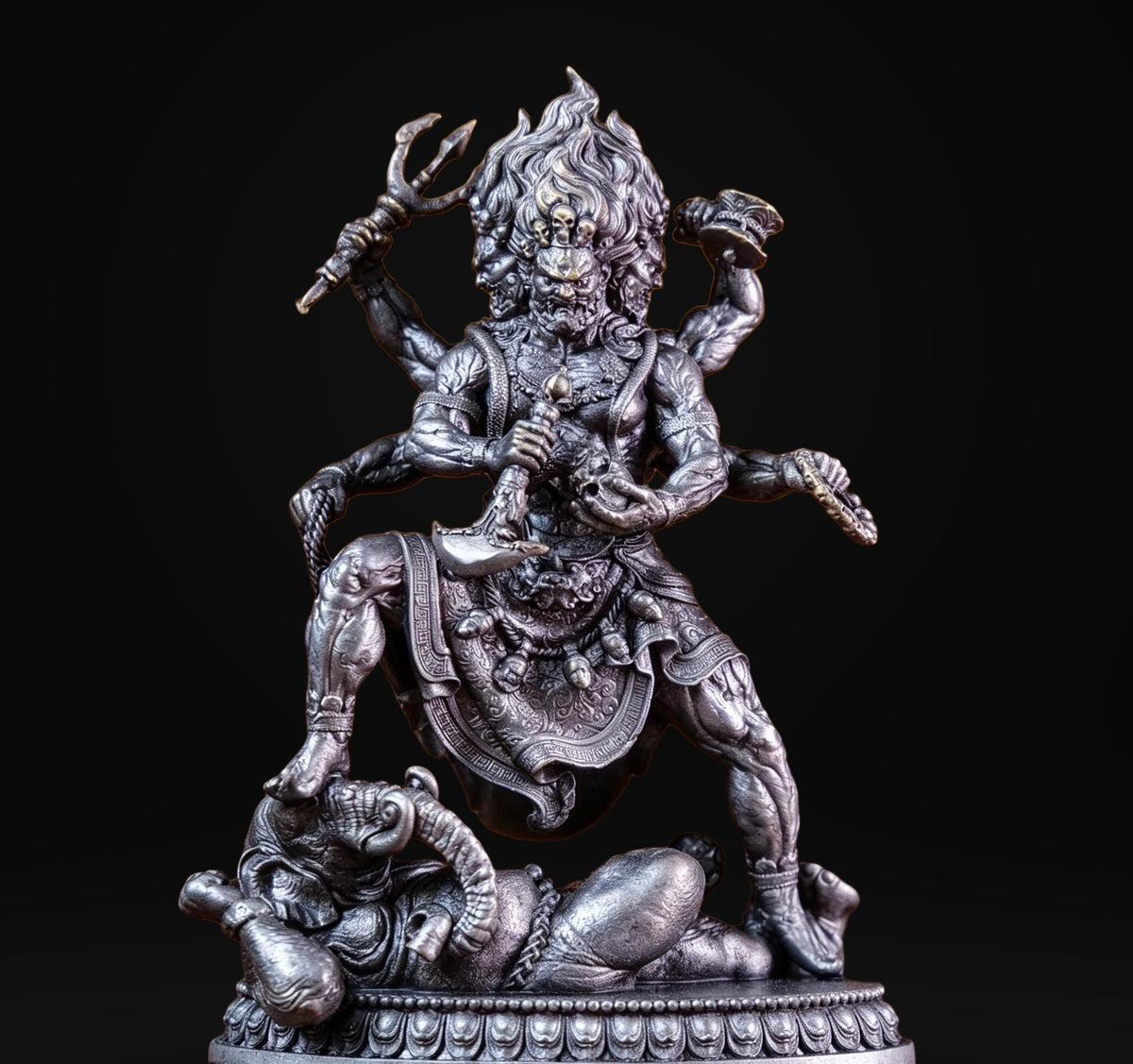 Brass Six Armed Mahakala Statue 10cm, Mini Tibetan Buddhist Three Headed Wrathful Deity, Portable Vajrayana Shrine Decor Gift
