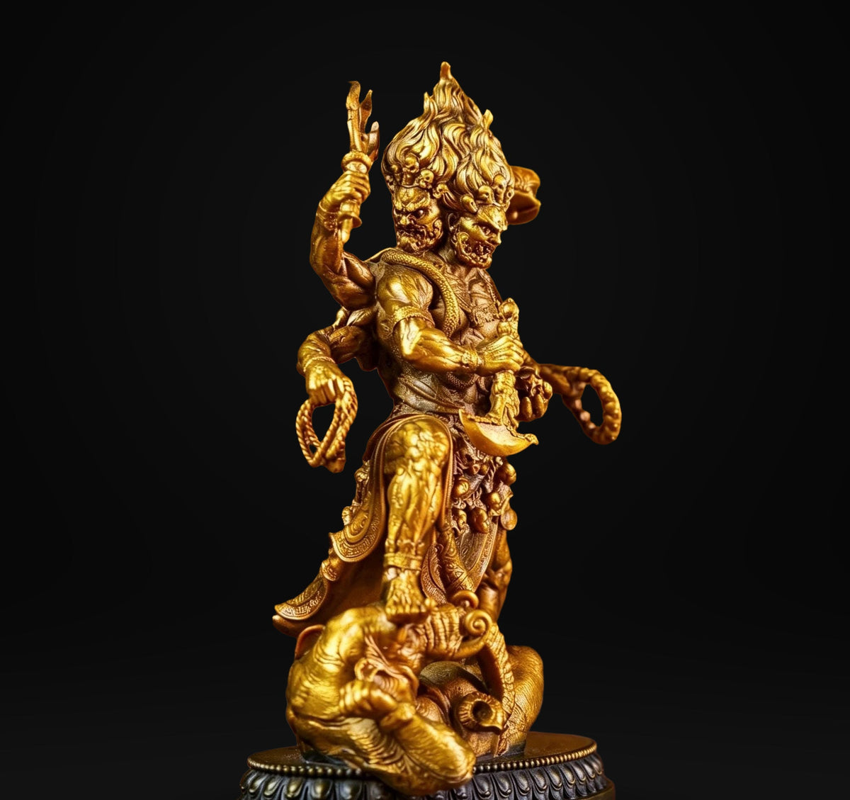 Brass Six Armed Mahakala Statue 10cm, Mini Tibetan Buddhist Three Headed Wrathful Deity, Portable Vajrayana Shrine Decor Gift