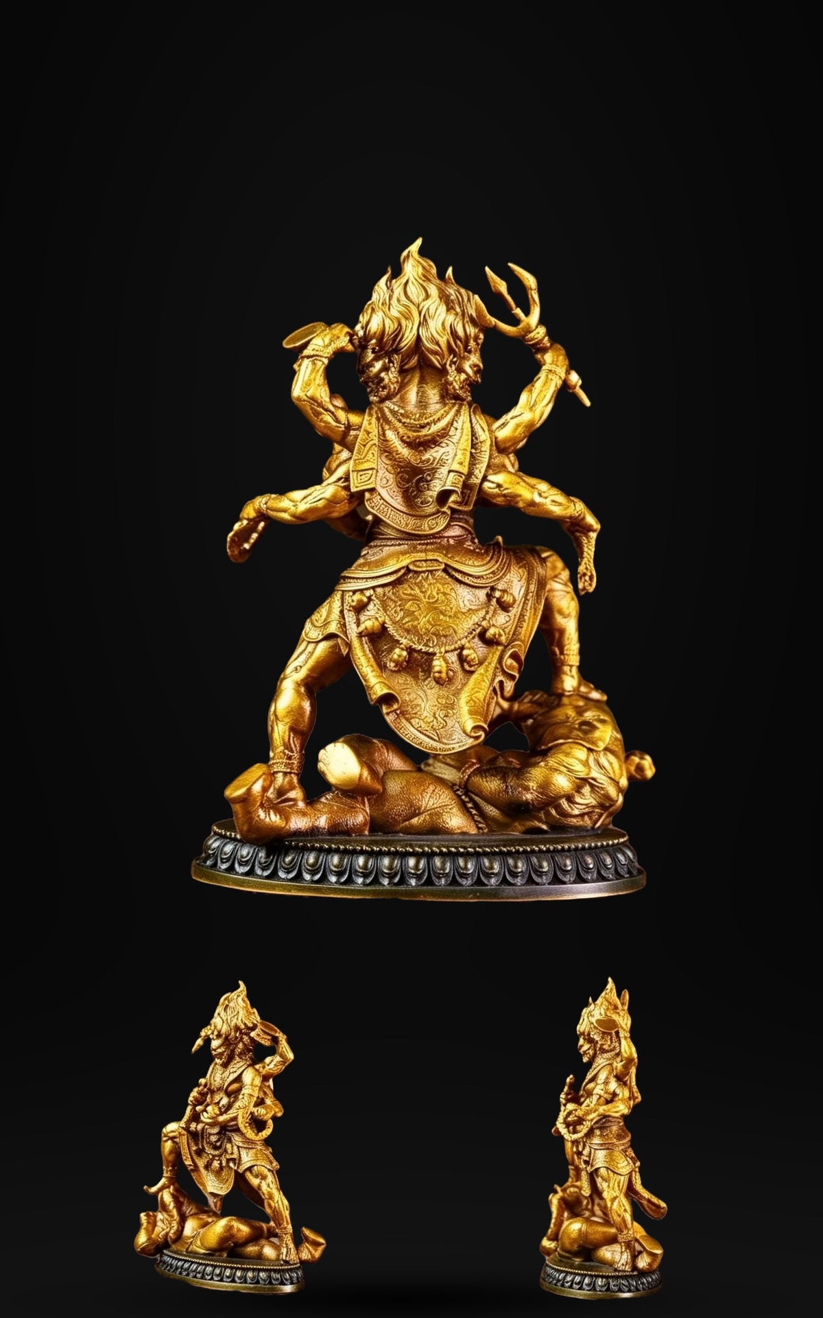 Brass Six Armed Mahakala Statue 10cm, Mini Tibetan Buddhist Three Headed Wrathful Deity, Portable Vajrayana Shrine Decor Gift