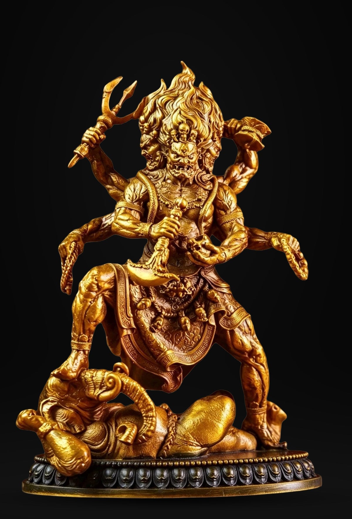 Brass Six Armed Mahakala Statue 10cm, Mini Tibetan Buddhist Three Headed Wrathful Deity, Portable Vajrayana Shrine Decor Gift