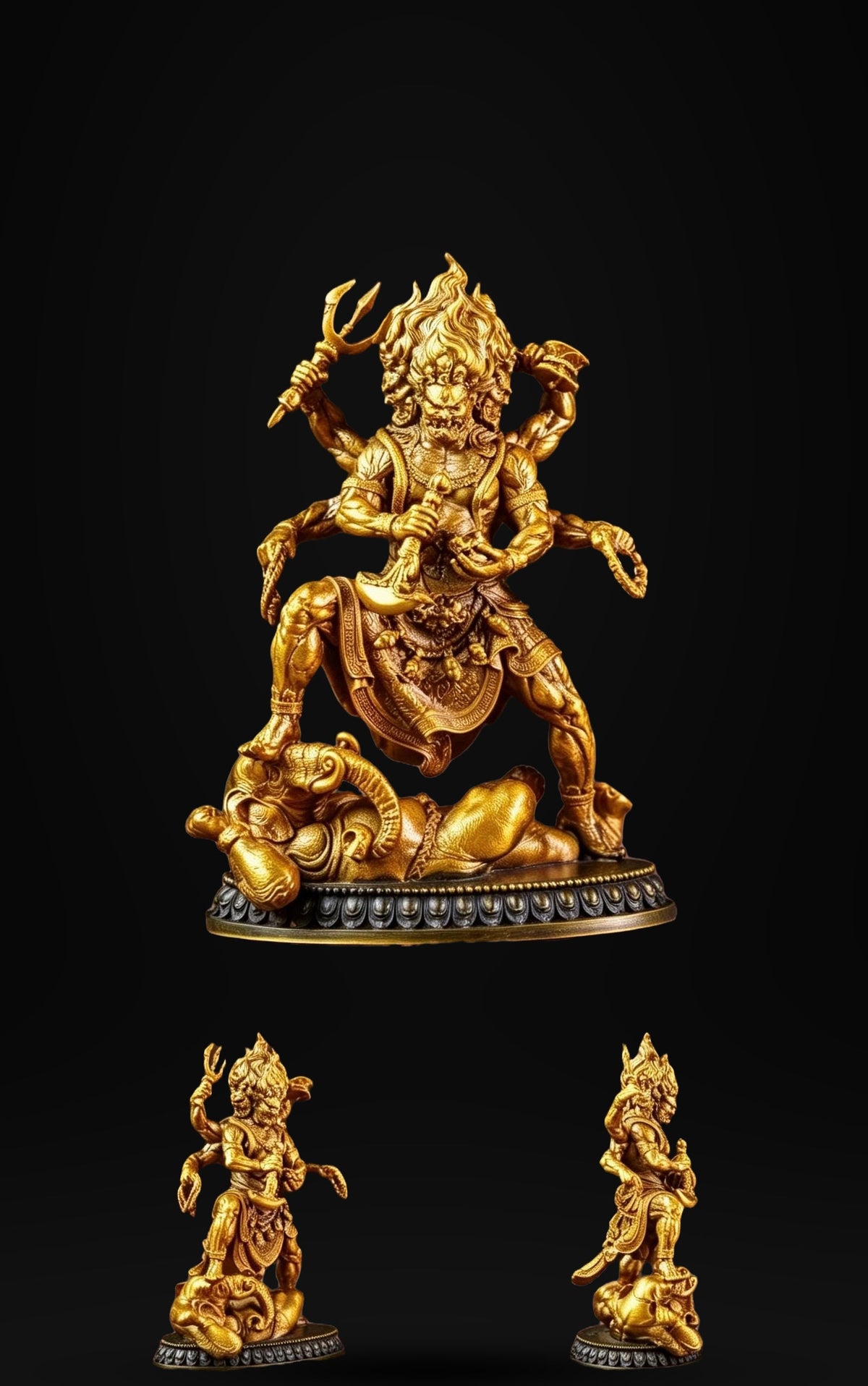 Brass Six Armed Mahakala Statue 10cm, Mini Tibetan Buddhist Three Headed Wrathful Deity, Portable Vajrayana Shrine Decor Gift