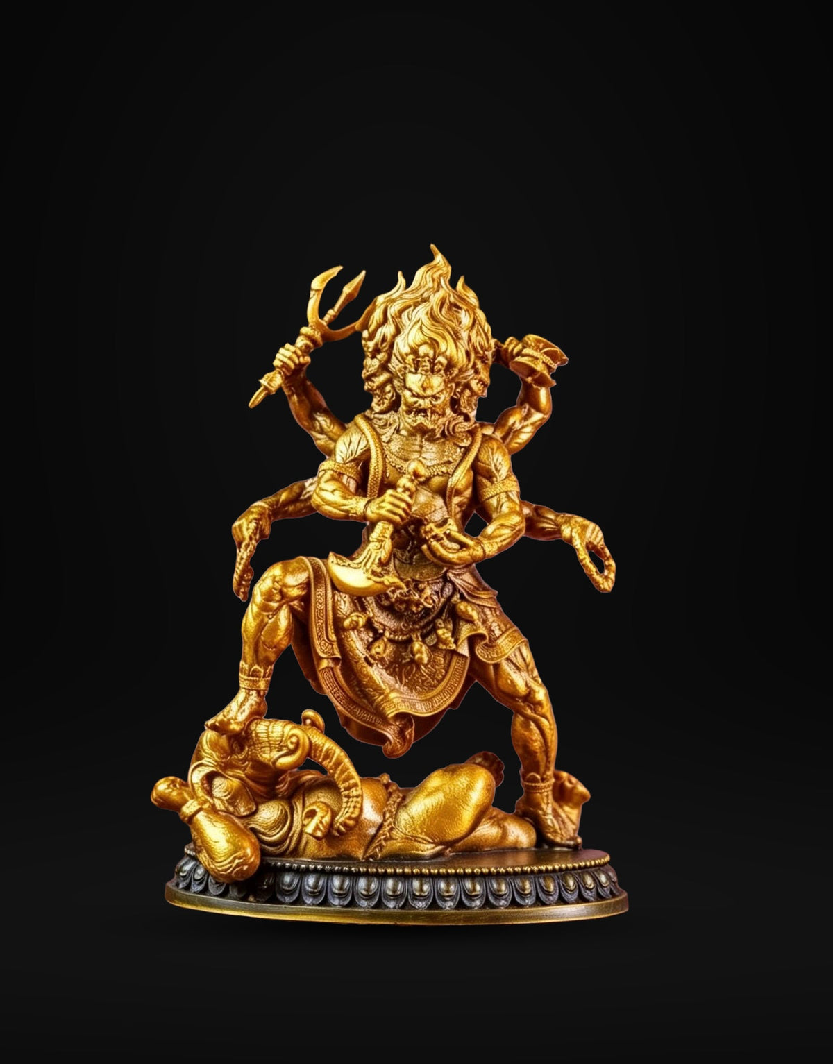 Brass Six Armed Mahakala Statue 10cm, Mini Tibetan Buddhist Three Headed Wrathful Deity, Portable Vajrayana Shrine Decor Gift