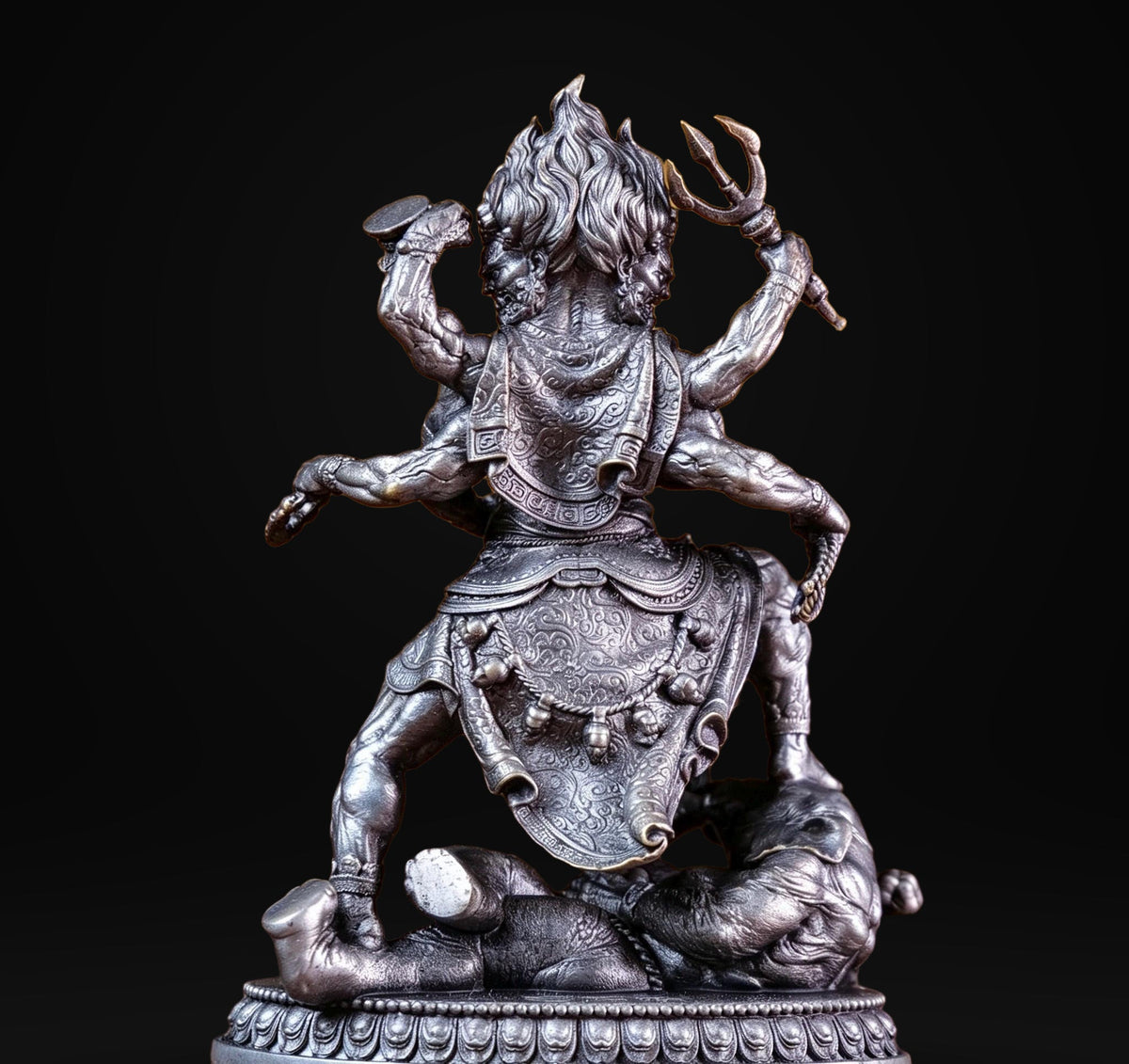 Brass Six Armed Mahakala Statue 10cm, Mini Tibetan Buddhist Three Headed Wrathful Deity, Portable Vajrayana Shrine Decor Gift
