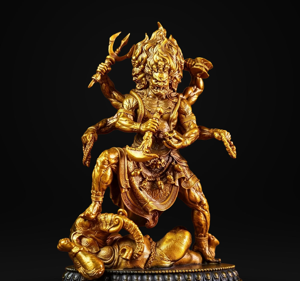 Brass Six Armed Mahakala Statue 10cm, Mini Tibetan Buddhist Three Headed Wrathful Deity, Portable Vajrayana Shrine Decor Gift