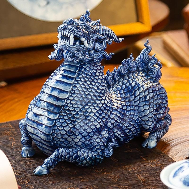 Jingdezhen Ceramic Water Qilin Tea Pet Incense Burner, Creative Mythical Beast Statue, Oriental Home Office Desk Decor Wealth Gift