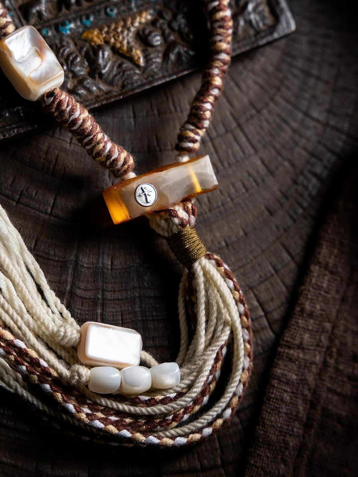 EverestArtStudios Vintage Tibetan White Mother of Pearl Raw Amber Wrap Bracelet, Agate Tassel Bracelet, 3 Wrap Unisex Boho Jewelry