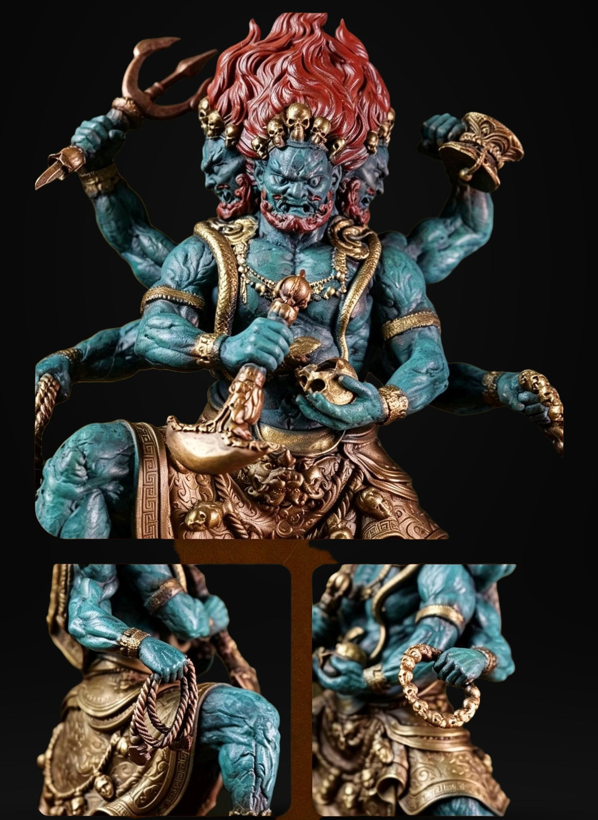 Brass Six Armed Mahakala Statue 25cm, Handcrafted Tibetan Buddhist Three Headed Wrathful Deity, Vajrayana Altar Decor Gift
