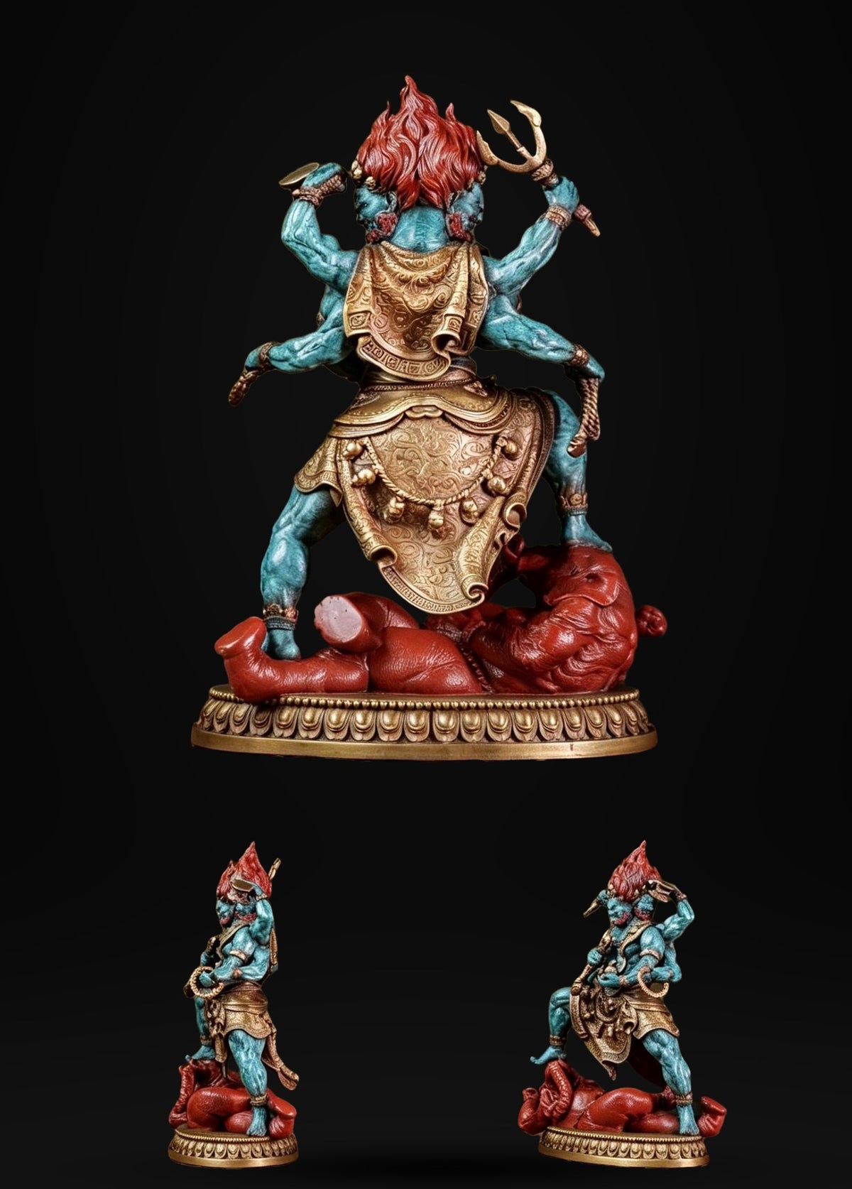 Brass Six Armed Mahakala Statue 25cm, Handcrafted Tibetan Buddhist Three Headed Wrathful Deity, Vajrayana Altar Decor Gift