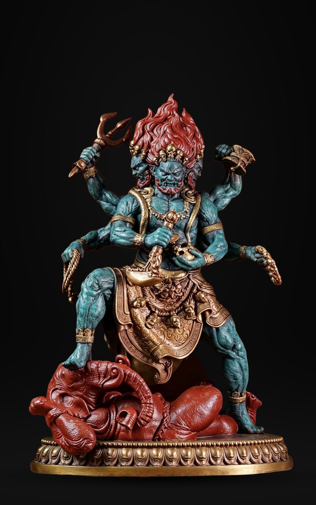 Brass Six Armed Mahakala Statue 25cm, Handcrafted Tibetan Buddhist Three Headed Wrathful Deity, Vajrayana Altar Decor Gift