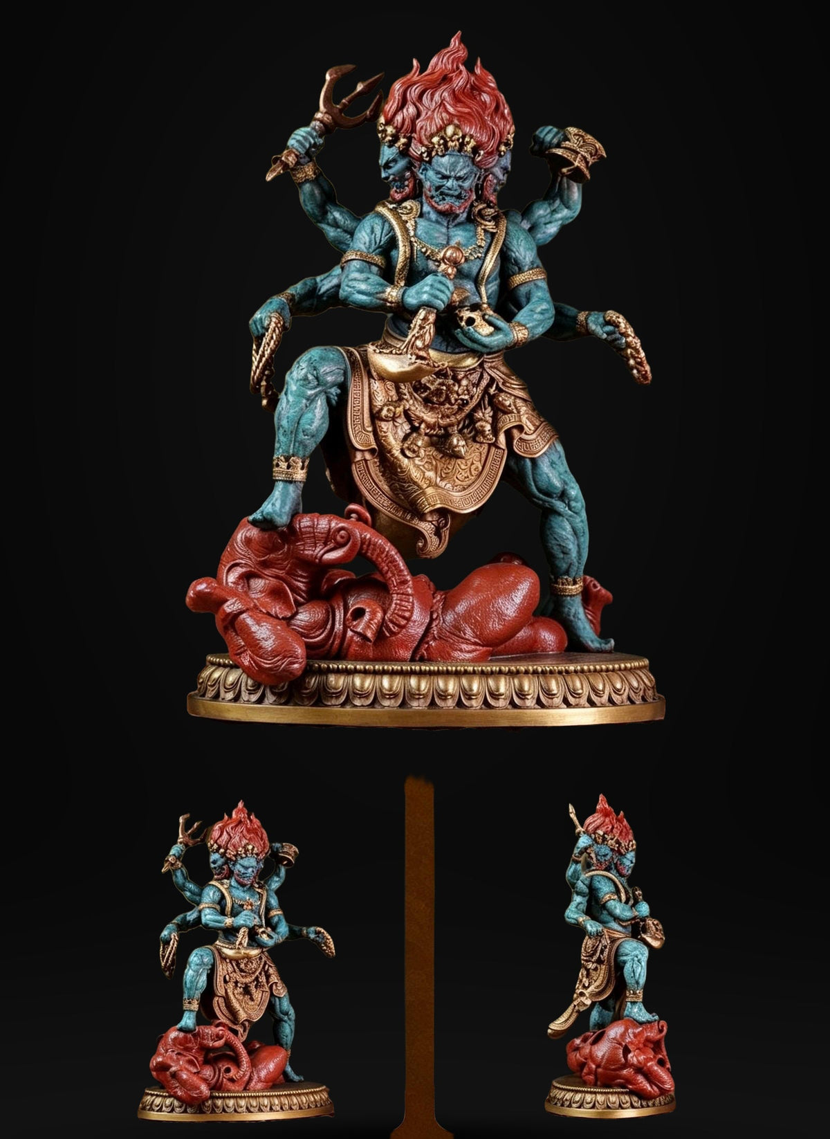 Brass Six Armed Mahakala Statue 25cm, Handcrafted Tibetan Buddhist Three Headed Wrathful Deity, Vajrayana Altar Decor Gift