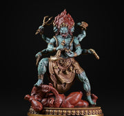 Brass Six Armed Mahakala Statue 25cm, Handcrafted Tibetan Buddhist Three Headed Wrathful Deity, Vajrayana Altar Decor Gift